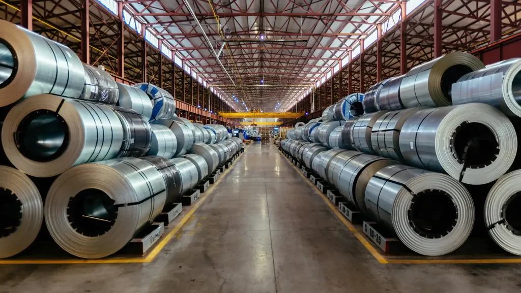 rolls of sheet metal in a warehouse